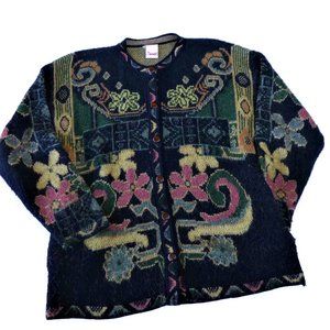 Vintage Mr Jenavi Sweater Cardigan Pockets Geometric Mod Floral Lucite Buttons